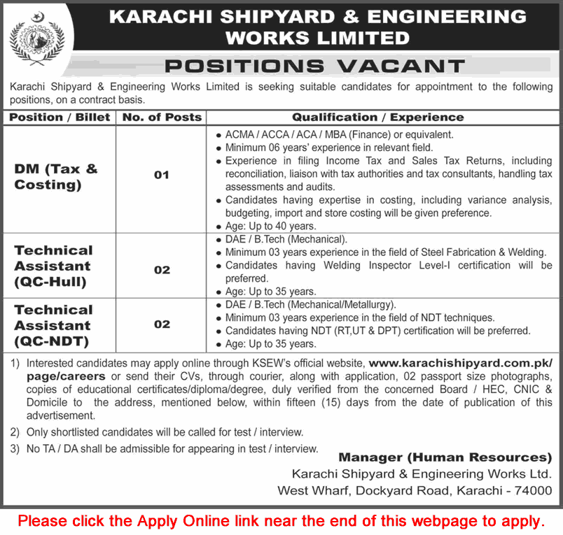 Karachi Shipyard & Engineering Works Jobs 2026