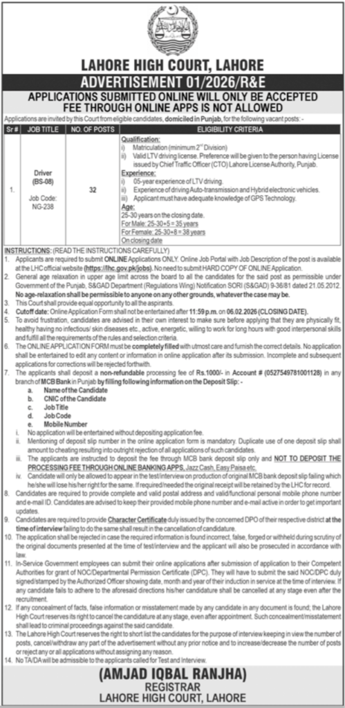 Latest Lahore High Court LHC Job 2026
